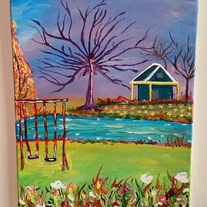 Blue and Green Tree and House Painting